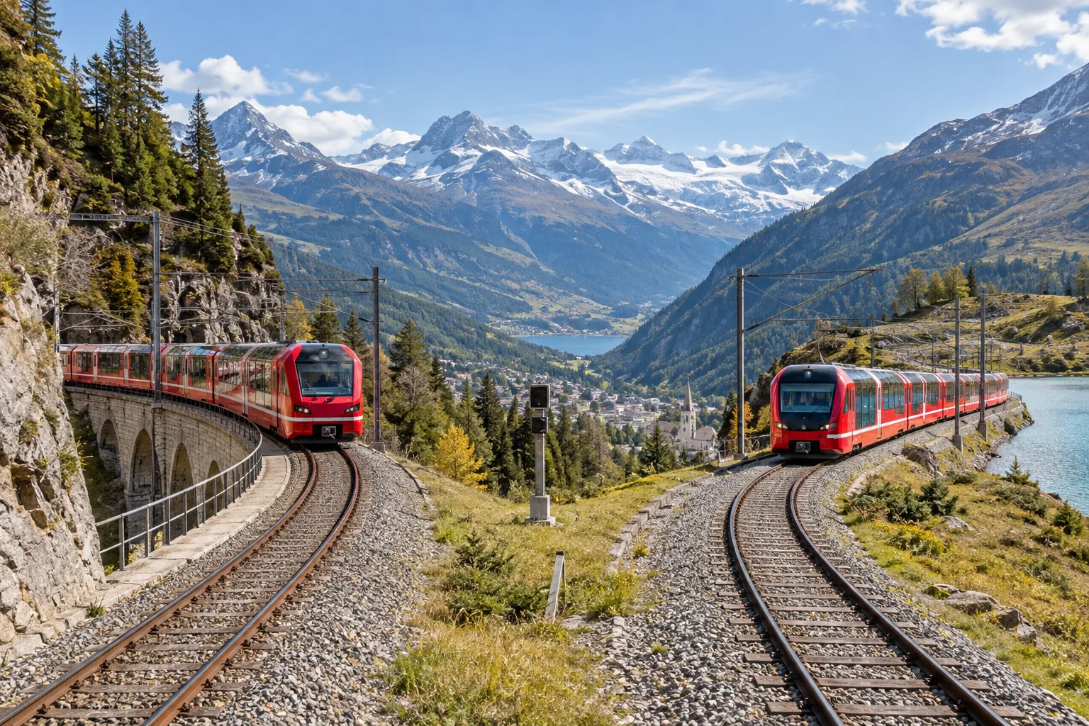 Trem panorâmico em rota alpina entre montanhas e vales