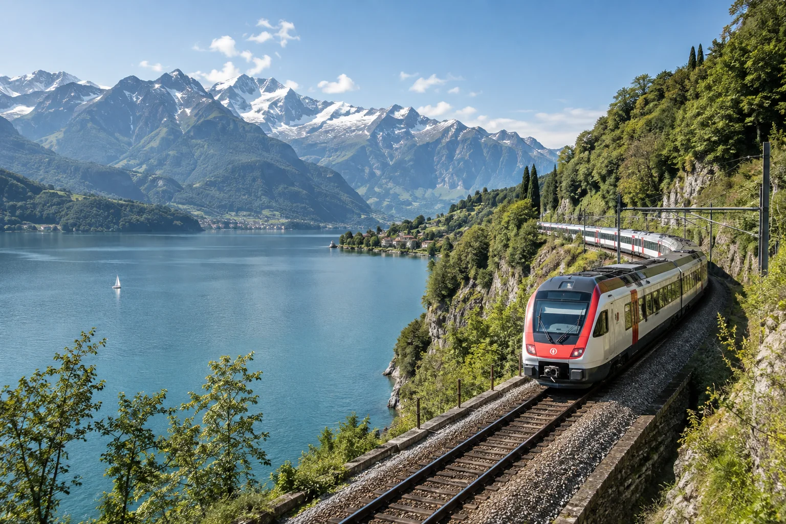 Trem europeu viajando entre lago e montanhas