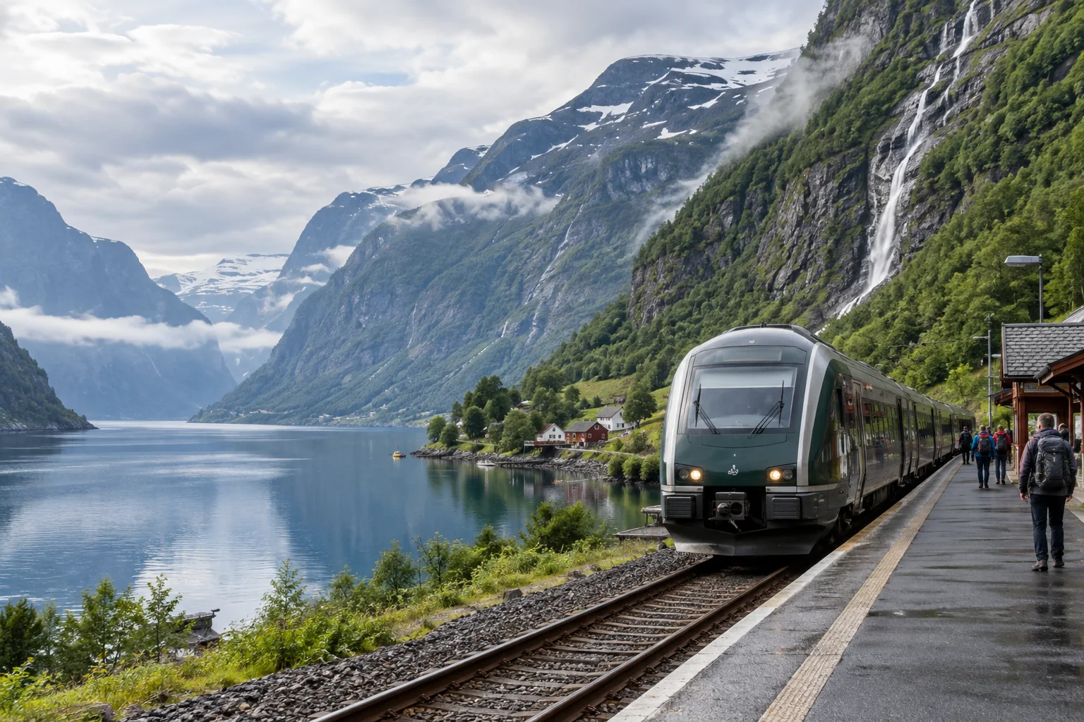 Trem seguindo por vale entre montanhas e fiordes noruegueses