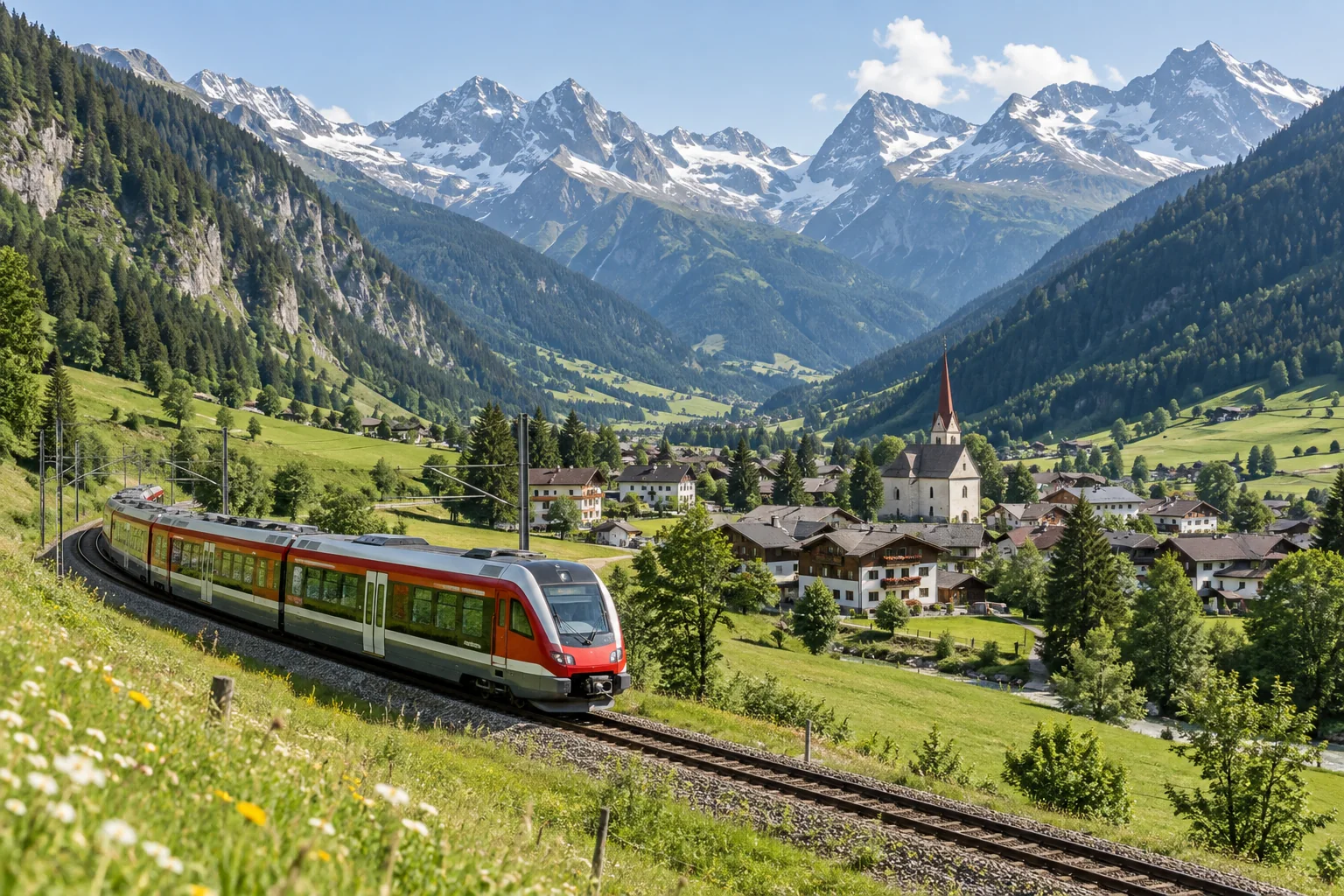 Trem percorrendo os Alpes Austríacos junto a um vilarejo