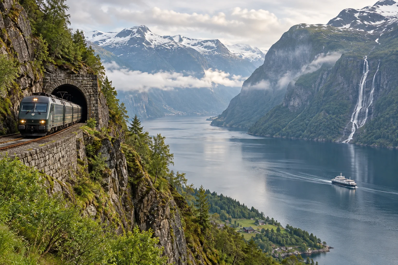 Trem panorâmico atravessando paisagem de fiordes na Noruega