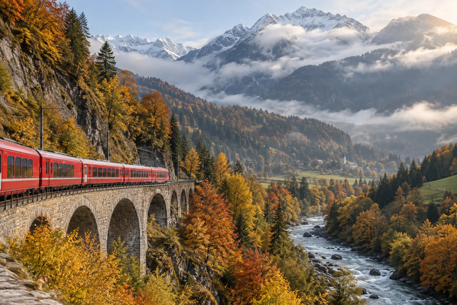 Trem panorâmico atravessando floresta europeia no outono