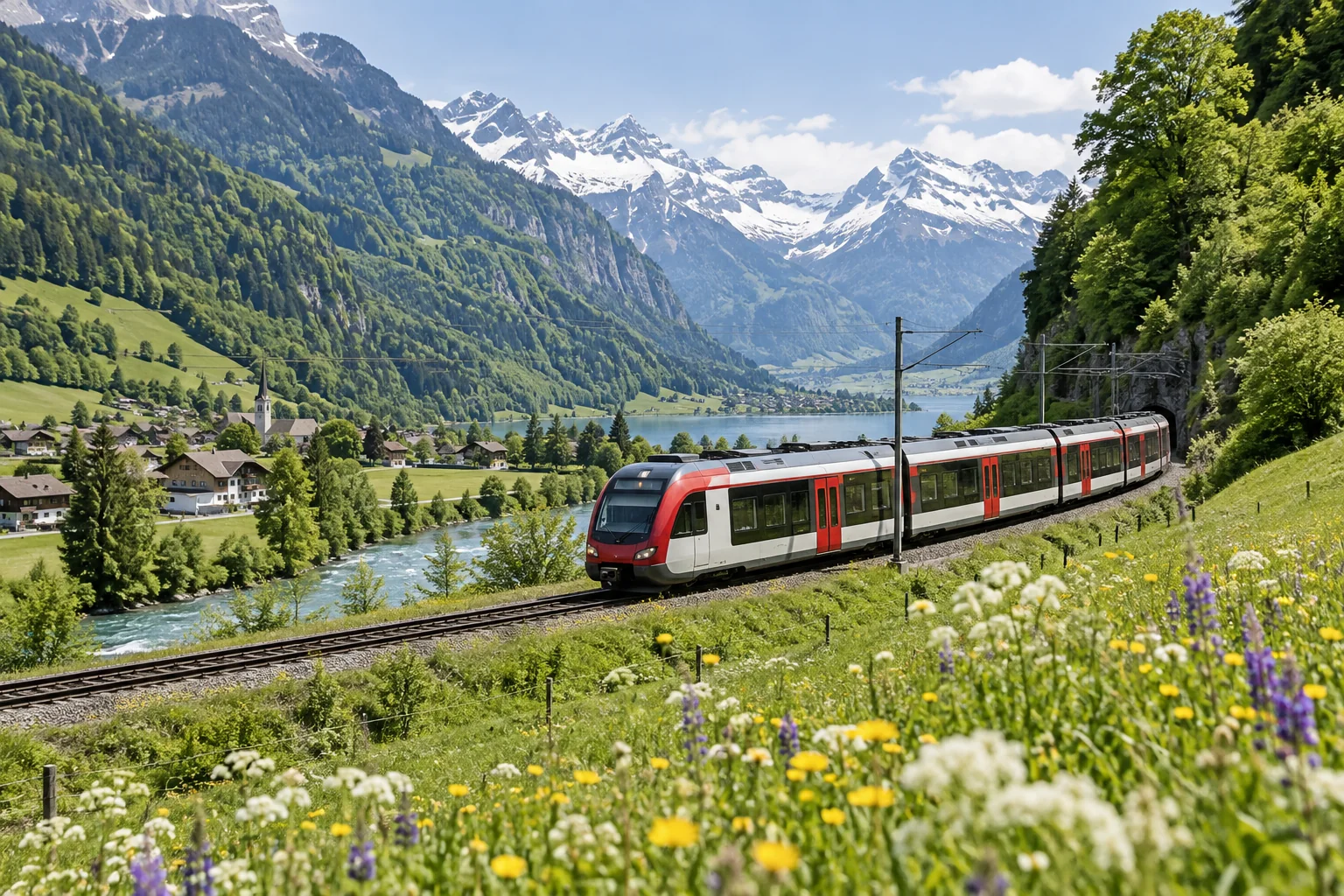 Trem panorâmico entre montanhas e flores na primavera