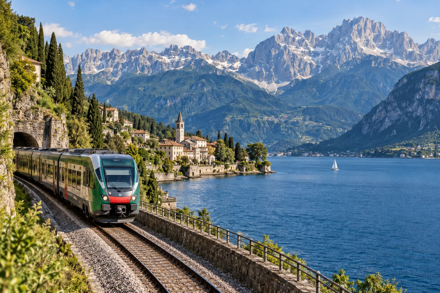 Trem viajando entre montanhas e lagos nos Alpes italianos