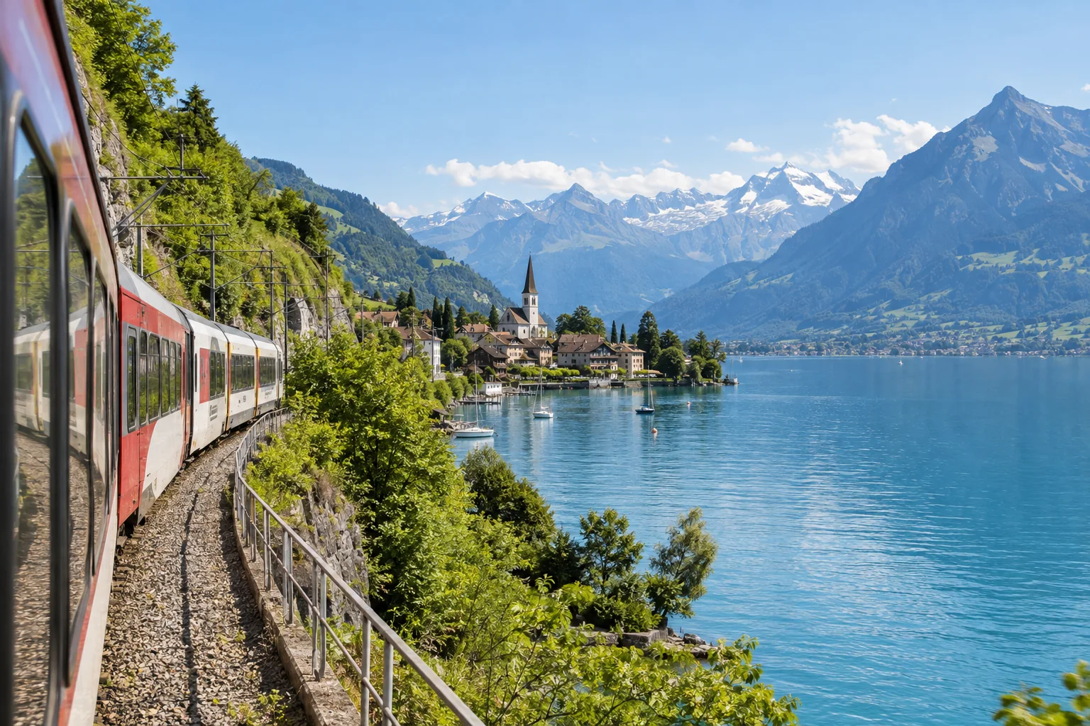 Trem suíço percorrendo a margem de um lago alpino