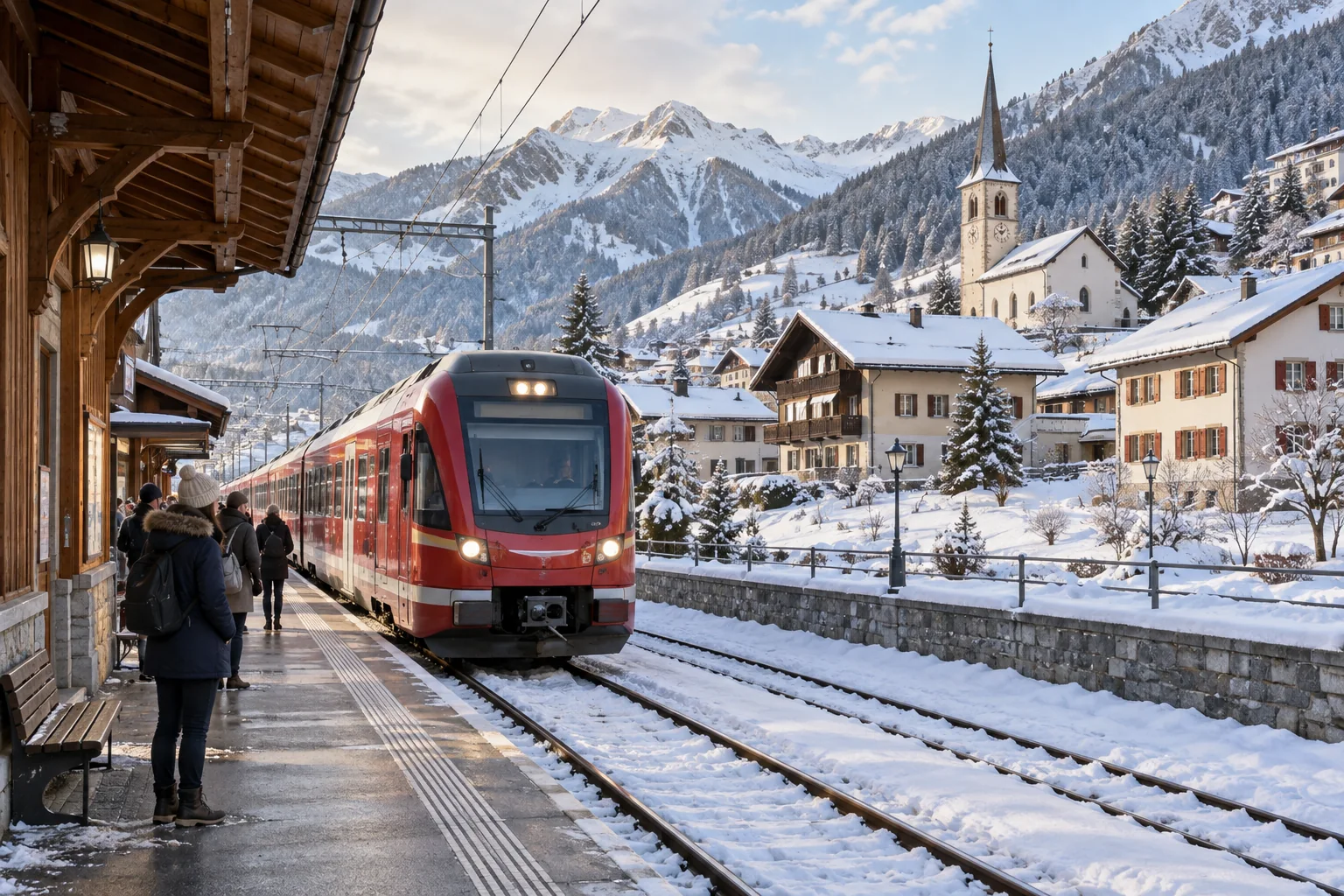 Trem suíço atravessando paisagem de inverno com neve